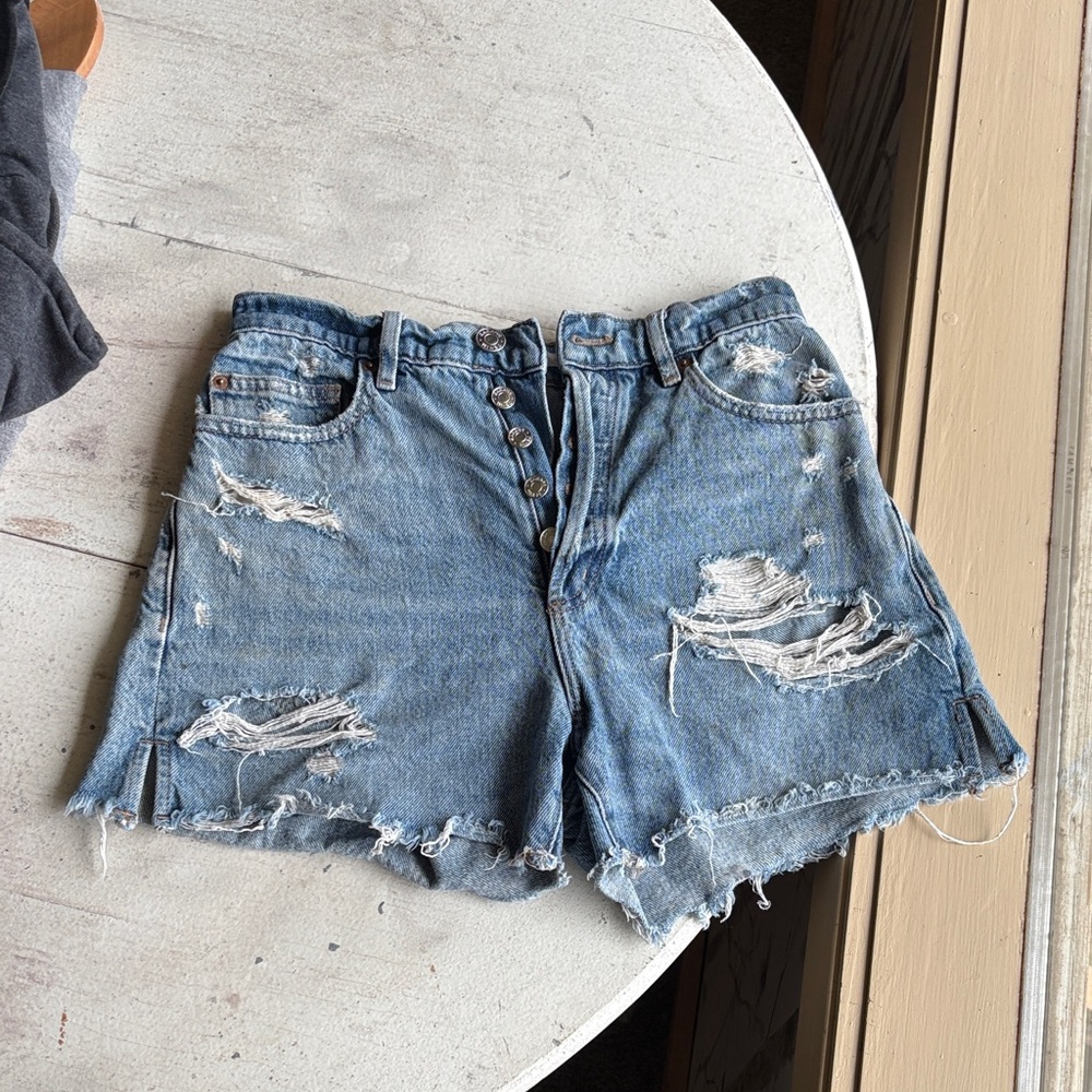 High-Rise Distressed Denim Button-Fly Shorts - Light Blue